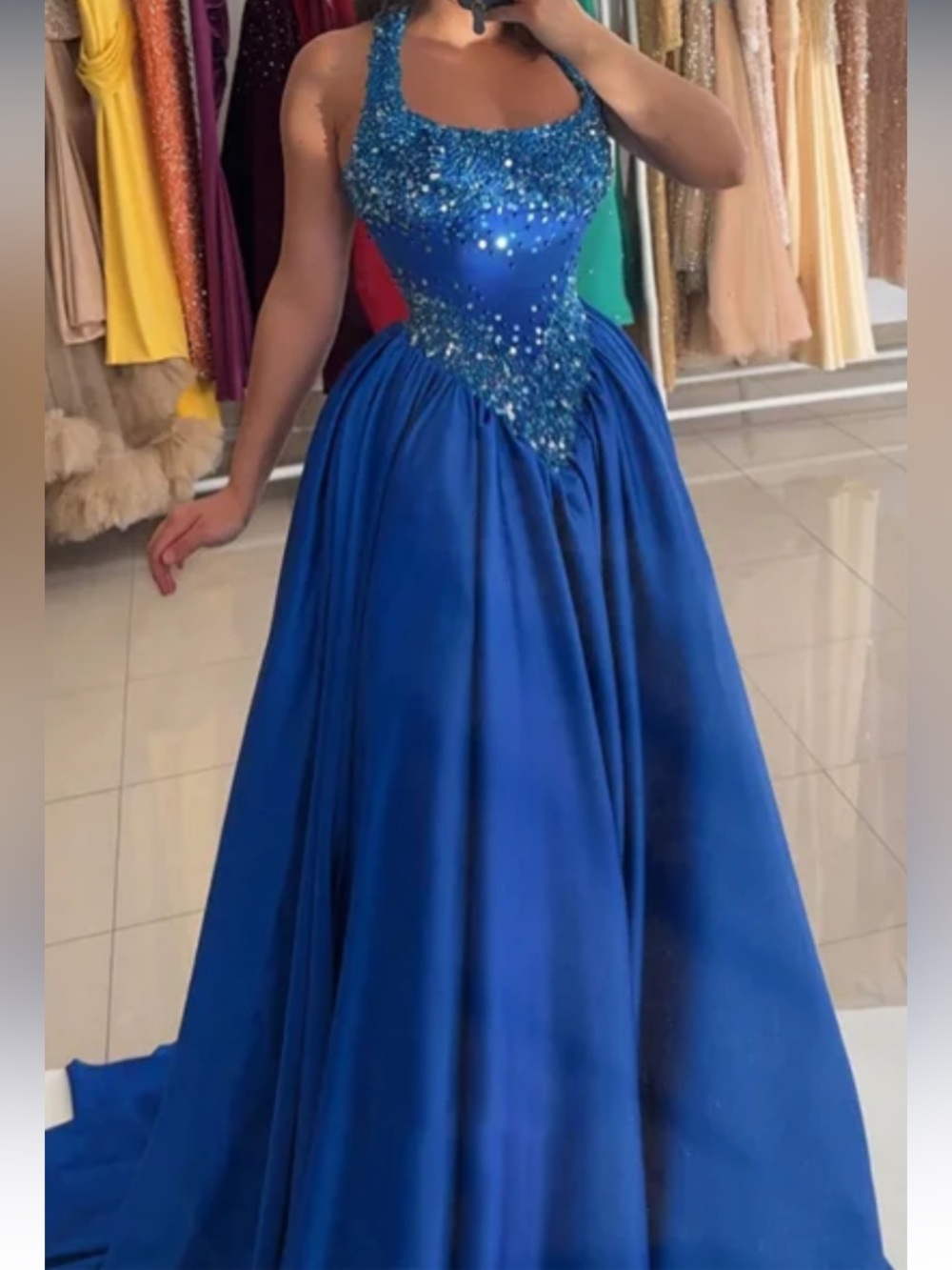 Satin royal blue halter ball gown prom dress size 12
